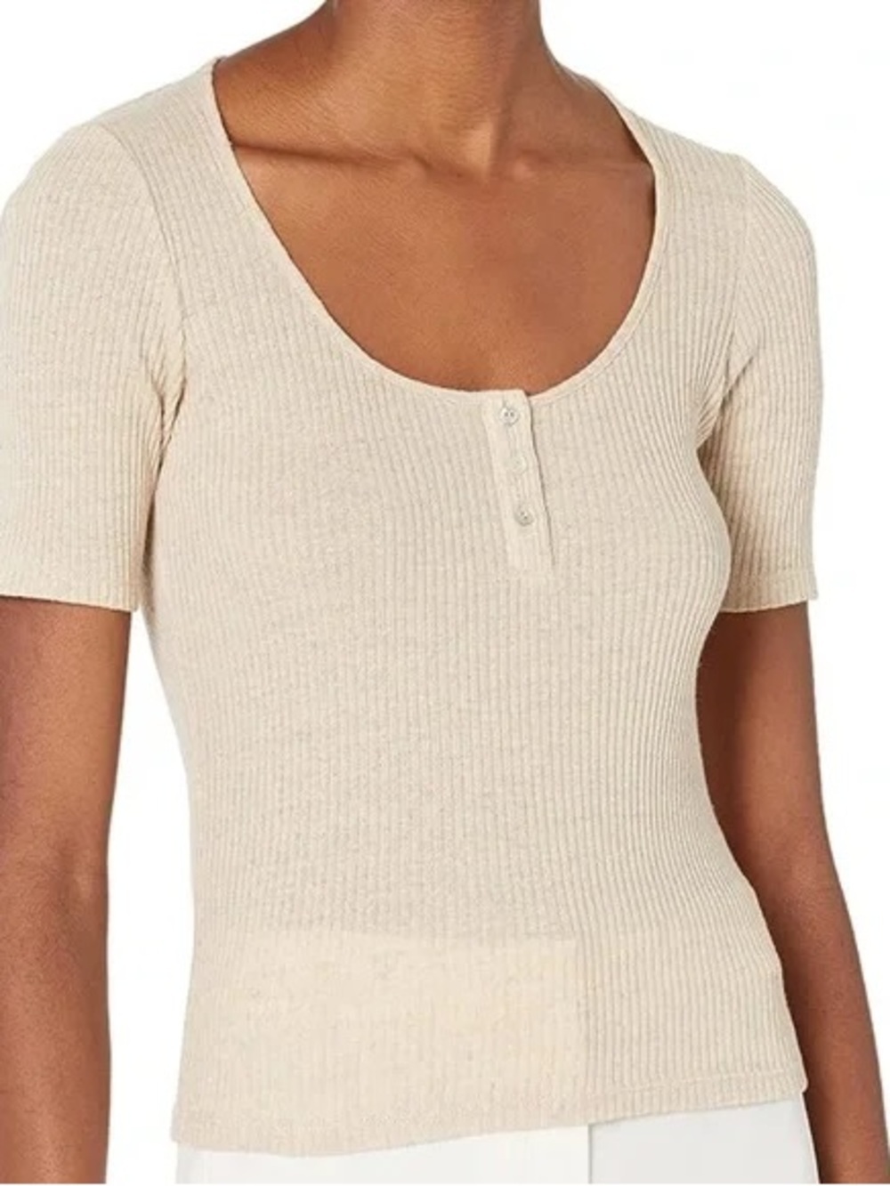 Vince Linen Blend Henley Top Cream Short Sleeve Scoopneck Small Minimalist